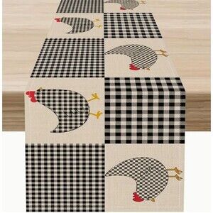 Chicken Table Runner 13x108in Linen Checkered Rustic Farmhouse